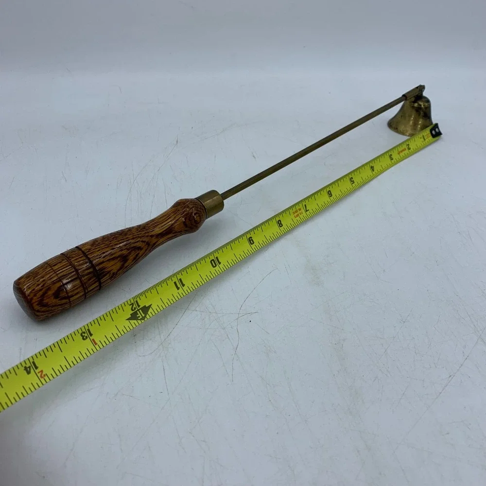 Vtg Brass Candle Snuffer Turned Wood Handle Swivel Bell Hearth Prim Farmhouse
